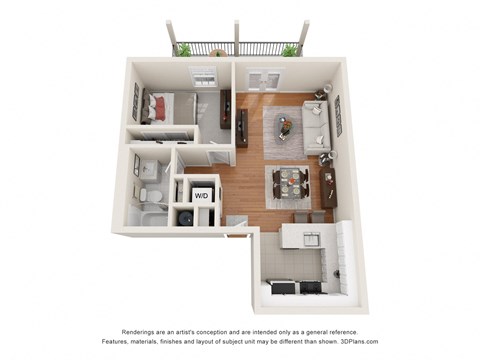 Floor plan for 1 bed, 1 bath, 594 sqft